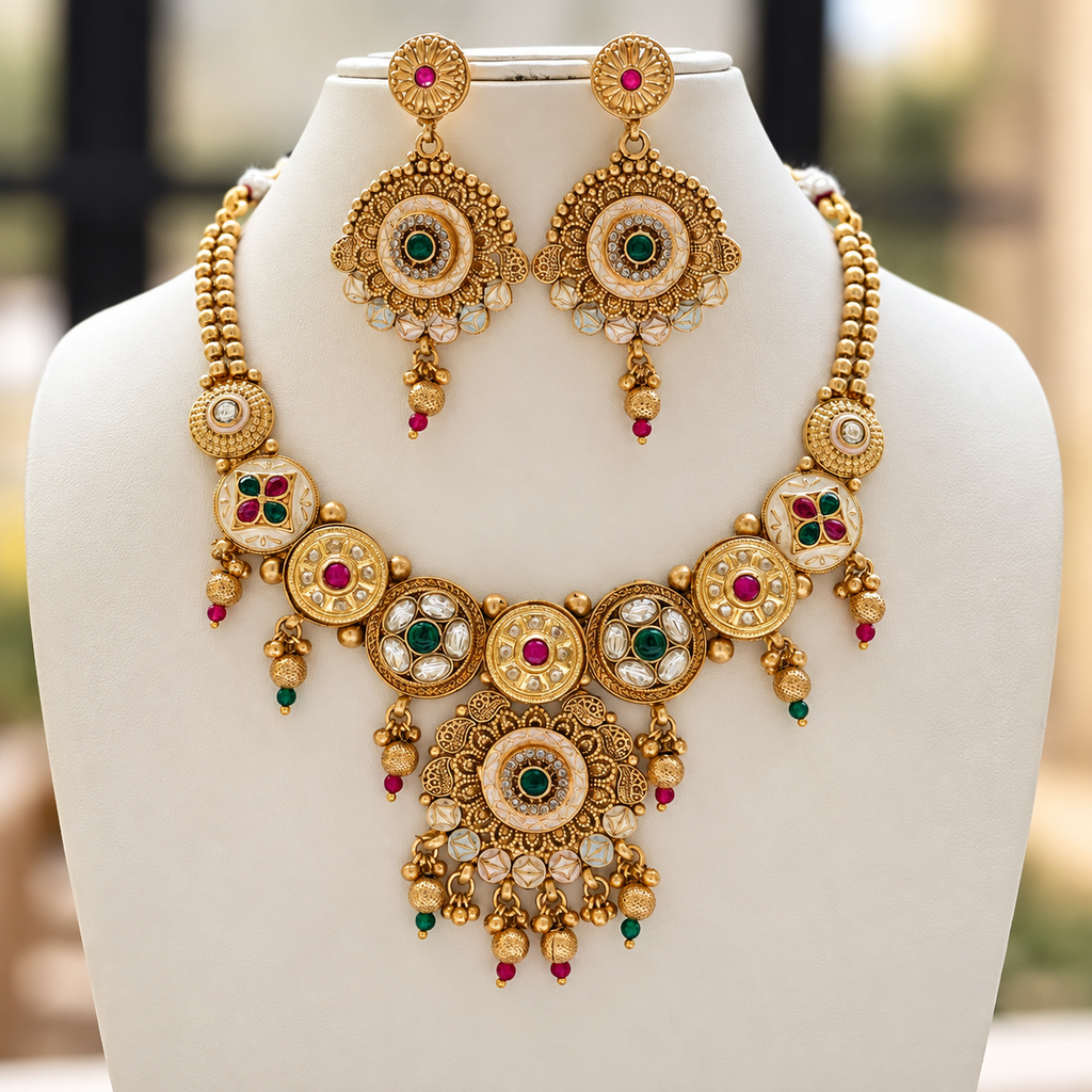 Realistic Rajwadi necklace and matching drop earrings displayed on an ivory jewellery bust