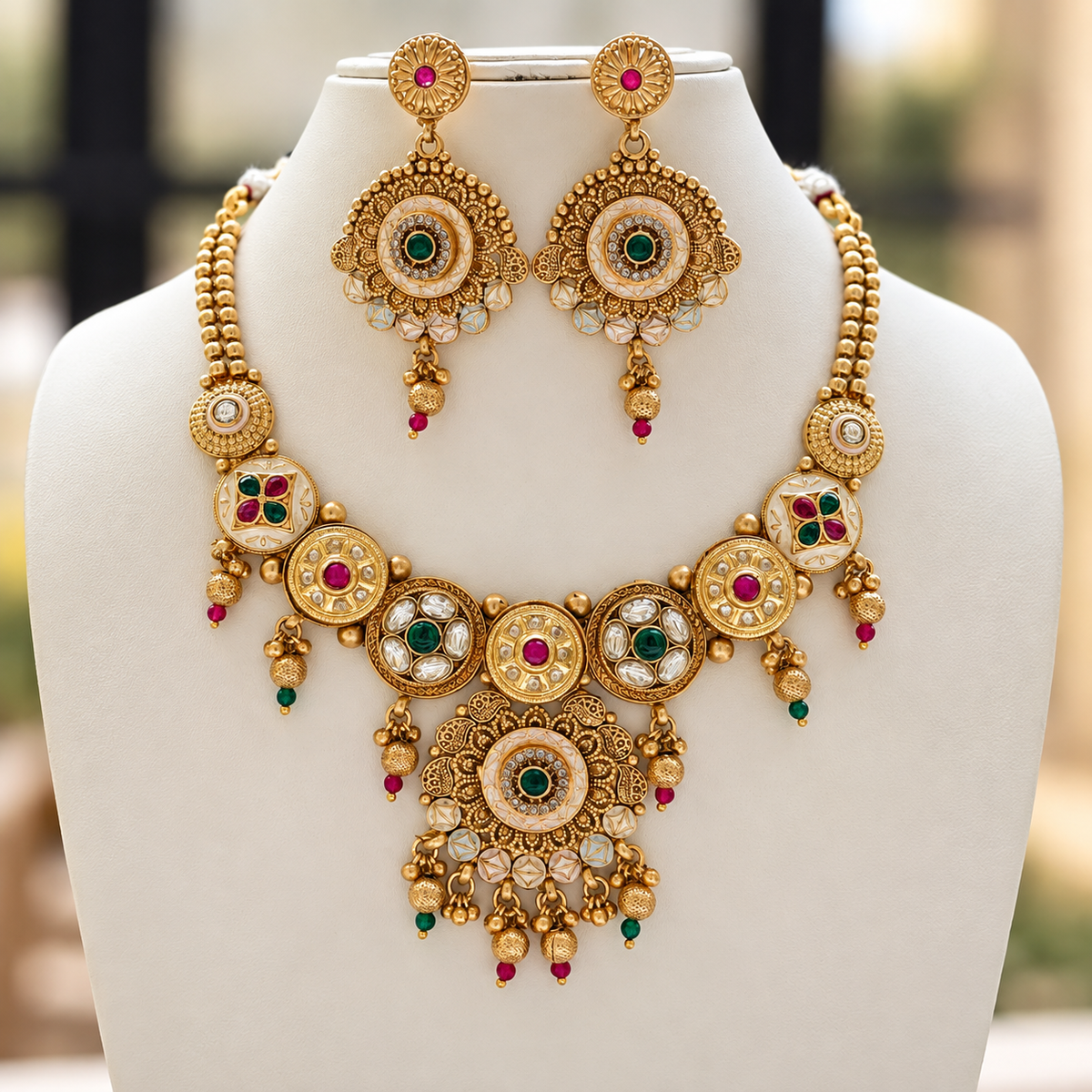 Realistic Rajwadi necklace and matching drop earrings displayed on an ivory jewellery bust