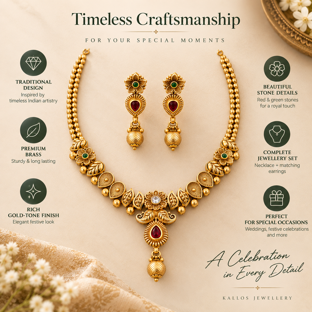 Brass necklace set with matching earrings presented in a warm product feature layout