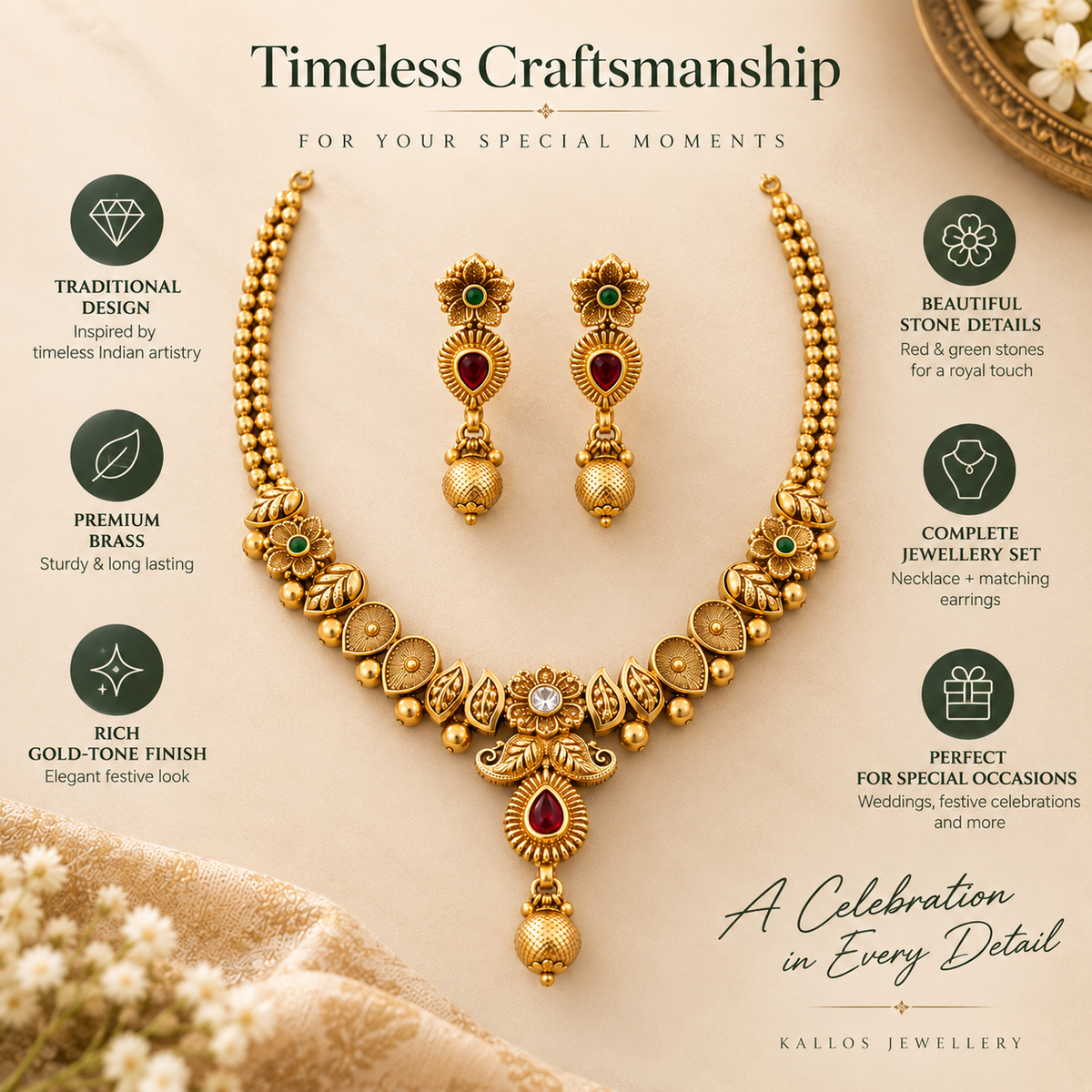 Brass necklace set with matching earrings presented in a warm product feature layout