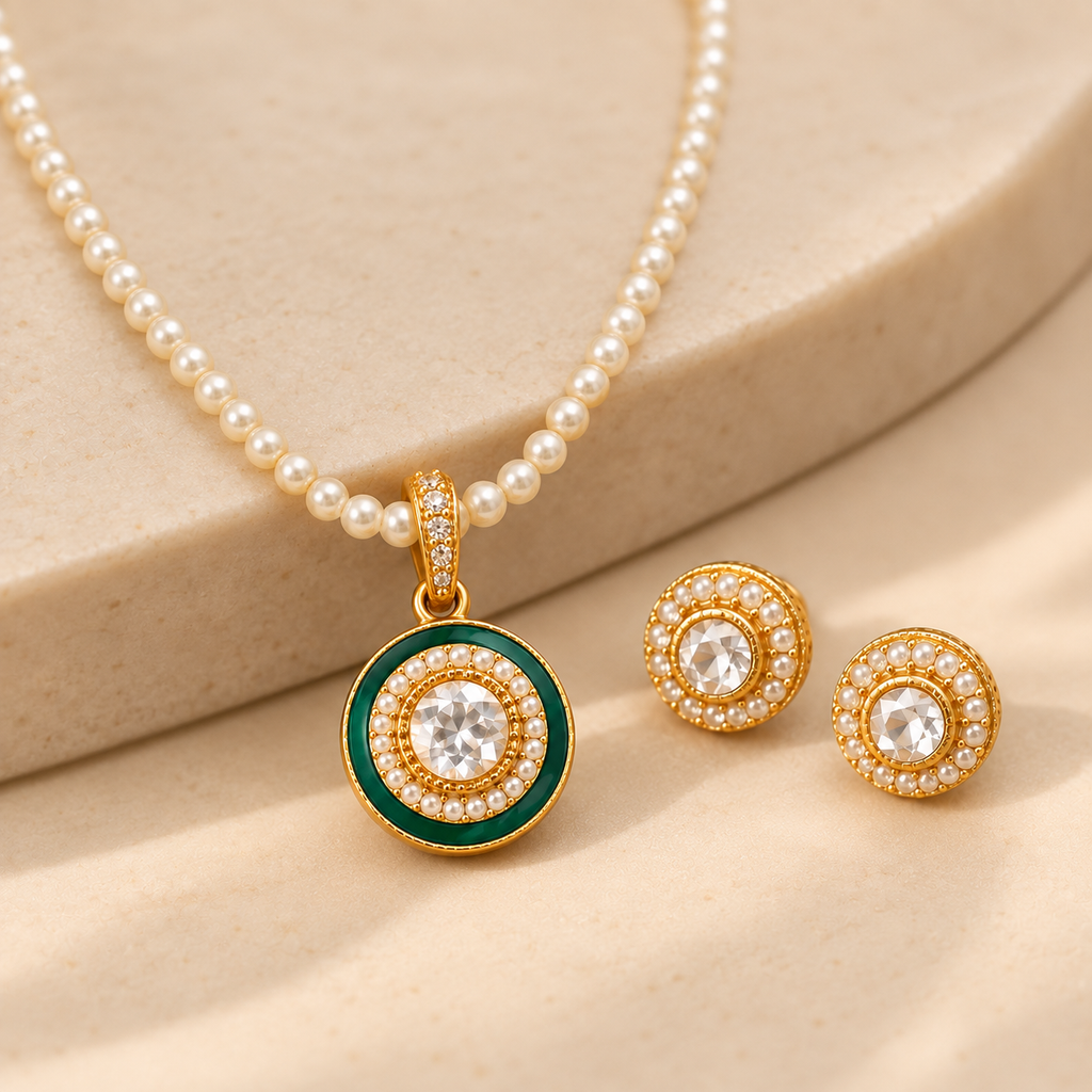 Close-up of green pendant with Kundan detailing, Uncut American Diamond and pearl accents