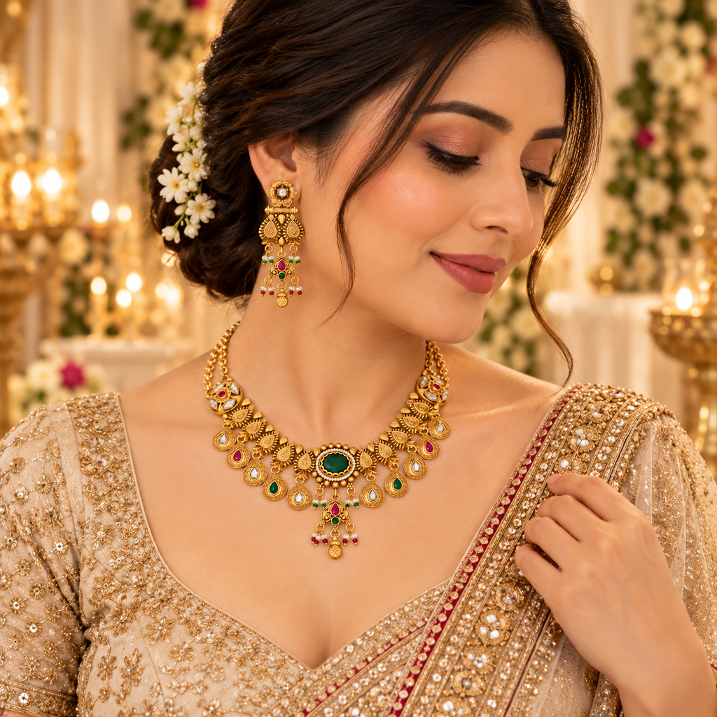 Indian model wearing the gold necklace and earrings in a wedding setting